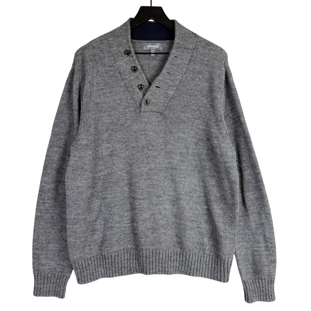 Bonobos Alpaca Wool Knit Placket V-Neck Sweater Gray Slim Fit - XL